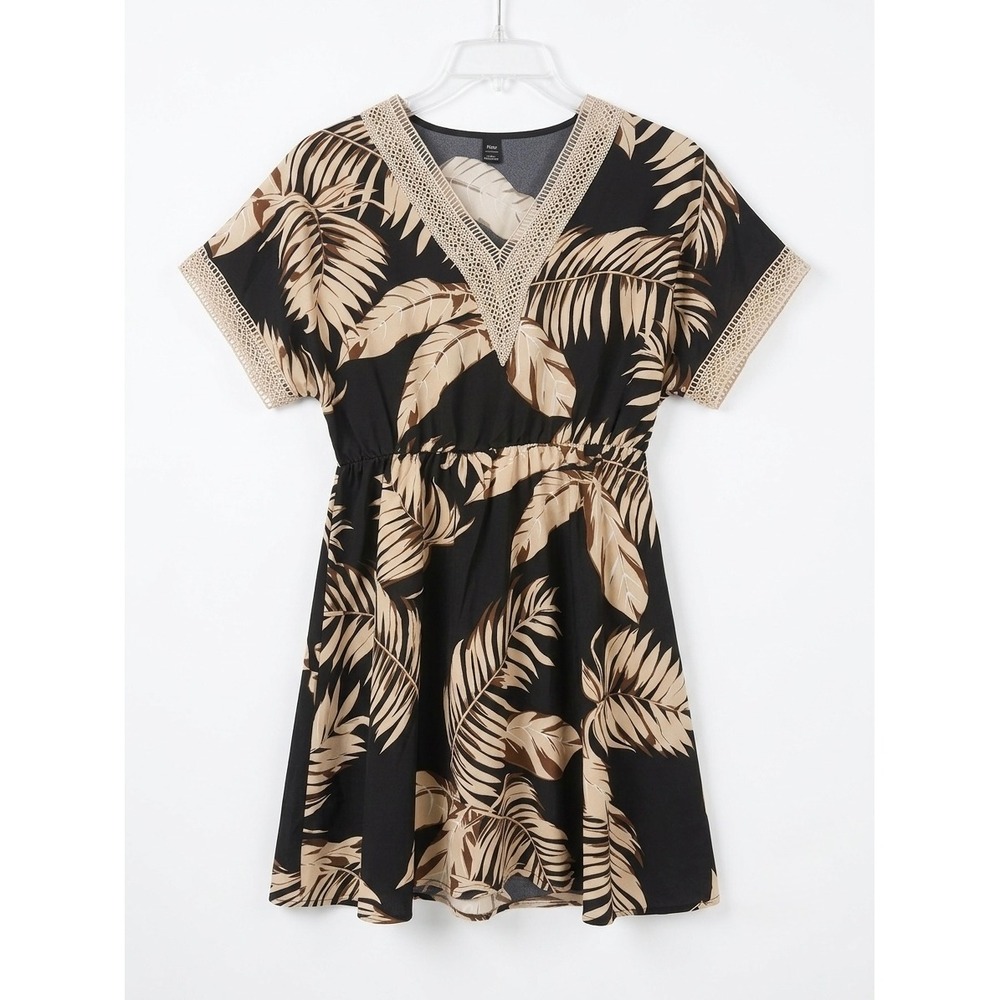 Women's Black Tan Palm Leaf Print Crochet Trim Dress Boho Resort Tropical Vacay